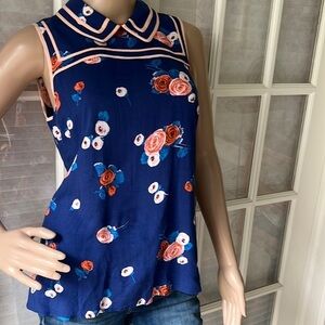 ModCloth adorable blue/pink trim floral, sleeveless collared shirt
